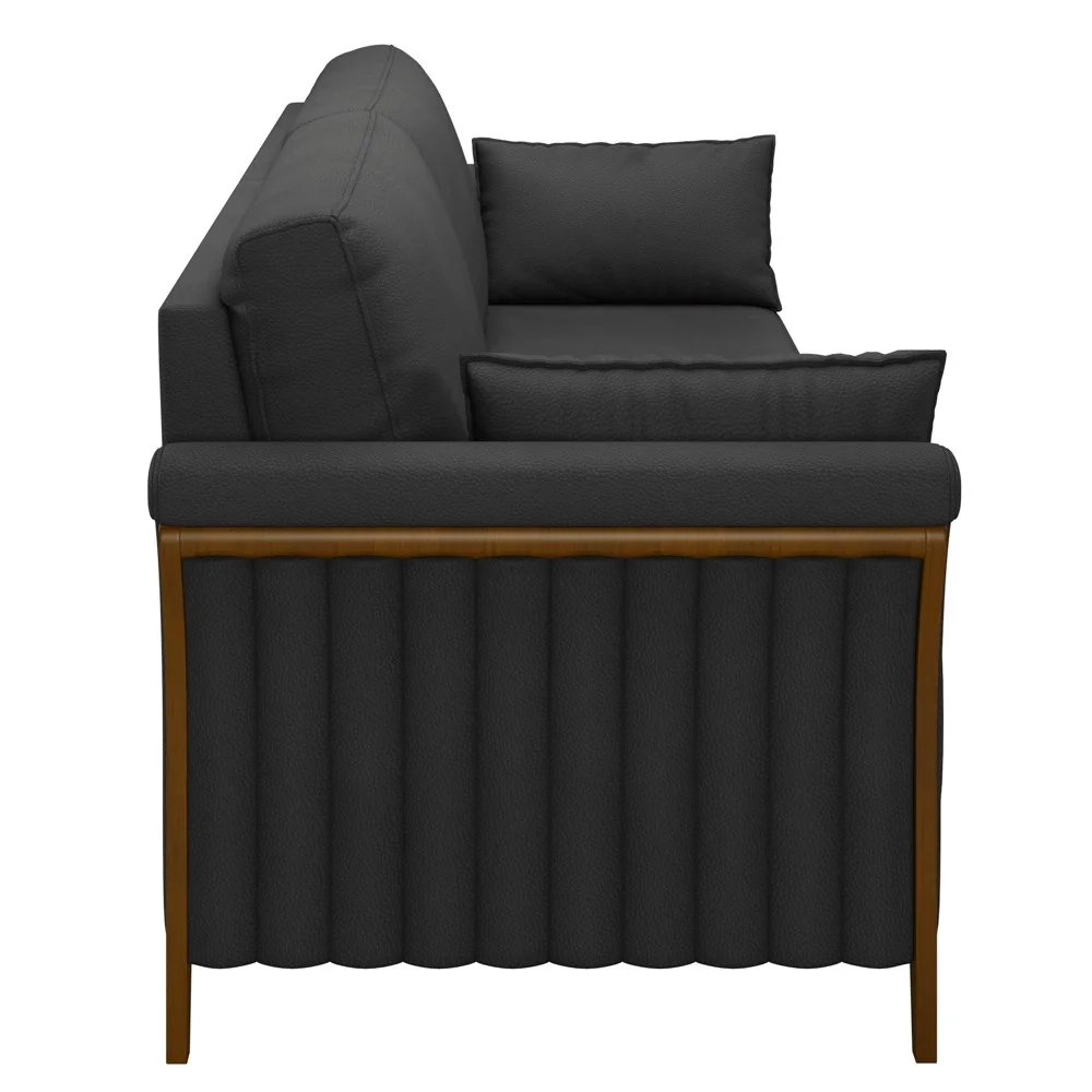 Sofá Living 3 Lugares 222cm Pés Madeira Roya Z32 PU Preto - Mpozenato