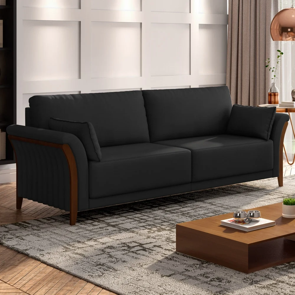 Sofá Living 3 Lugares 222cm Pés Madeira Roya Z32 PU Preto - Mpozenato