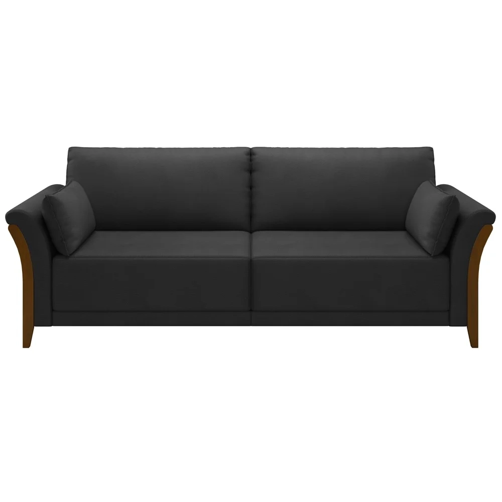 Sofá Living 3 Lugares 222cm Pés Madeira Roya Z32 PU Preto - Mpozenato