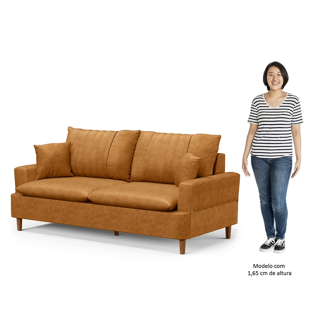 Sofá 3 Lugares 200cm Living Pés de Madeira Veras D05 Sintético Whisky - Mpozenato