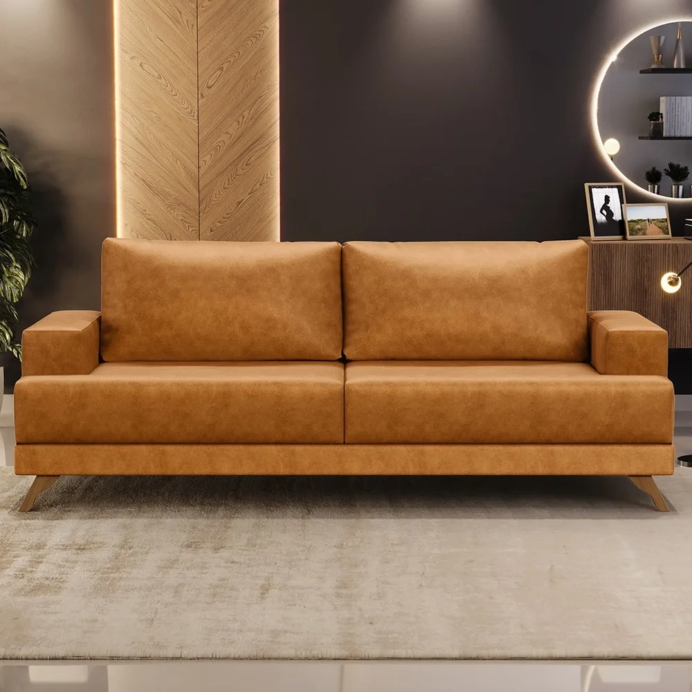 Sofá 3 Lugares 180cm Living Pés Curvos Santi D05 Sintético Whisky - Mpozenato