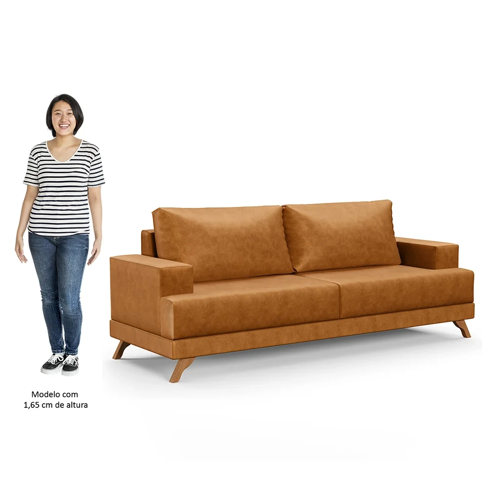 Sofá 3 Lugares 180cm Living Pés Curvos Santi D05 Sintético Whisky - Mpozenato