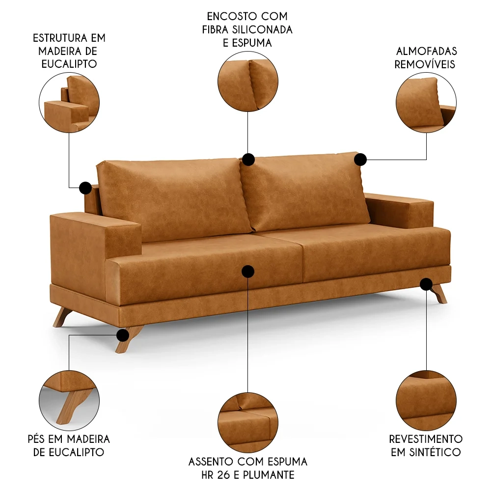 Sofá 3 Lugares 180cm Living Pés Curvos Santi D05 Sintético Whisky - Mpozenato