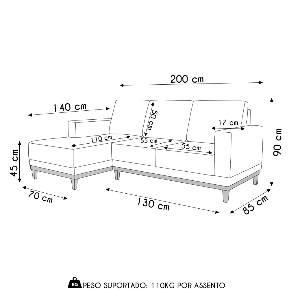 Sofá 3 Lugares 200cm Living Com Chaise Esquerdo Kayrós D05 Sintético Whisky - Mpozenato