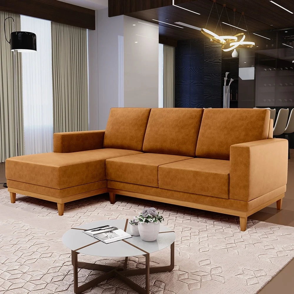 Sofá 3 Lugares 200cm Living Com Chaise Esquerdo Kayrós D05 Sintético Whisky - Mpozenato