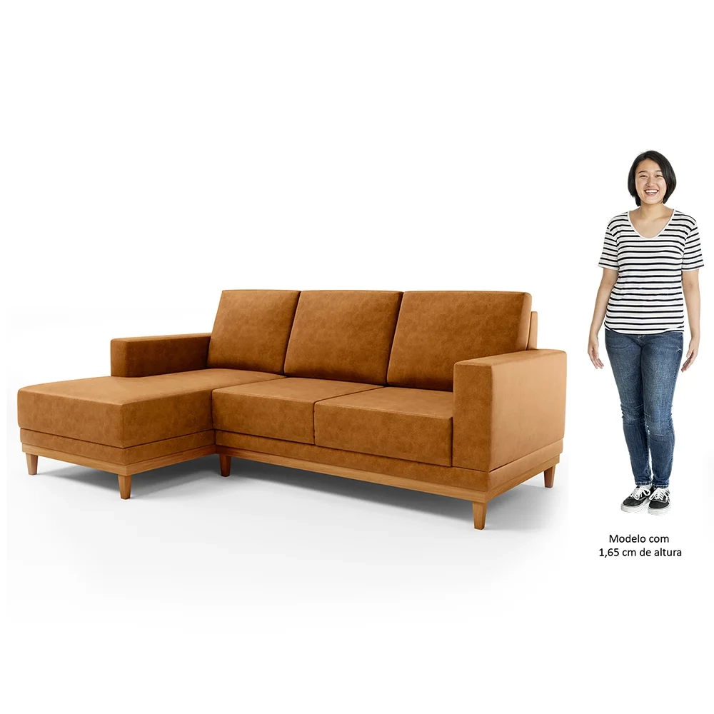 Sofá 3 Lugares 200cm Living Com Chaise Esquerdo Kayrós D05 Sintético Whisky - Mpozenato