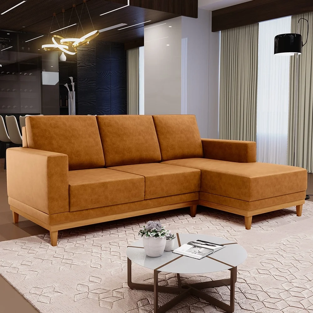 Sofá 3 Lugares 200cm Living Com Chaise Direito Kayrós D05 Sintético Whisky - Mpozenato