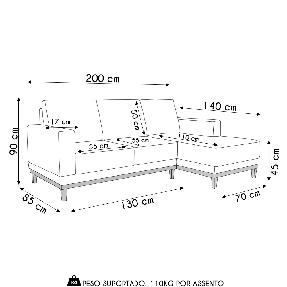 Sofá 3 Lugares 200cm Living Com Chaise Direito Kayrós D05 Sintético Whisky - Mpozenato