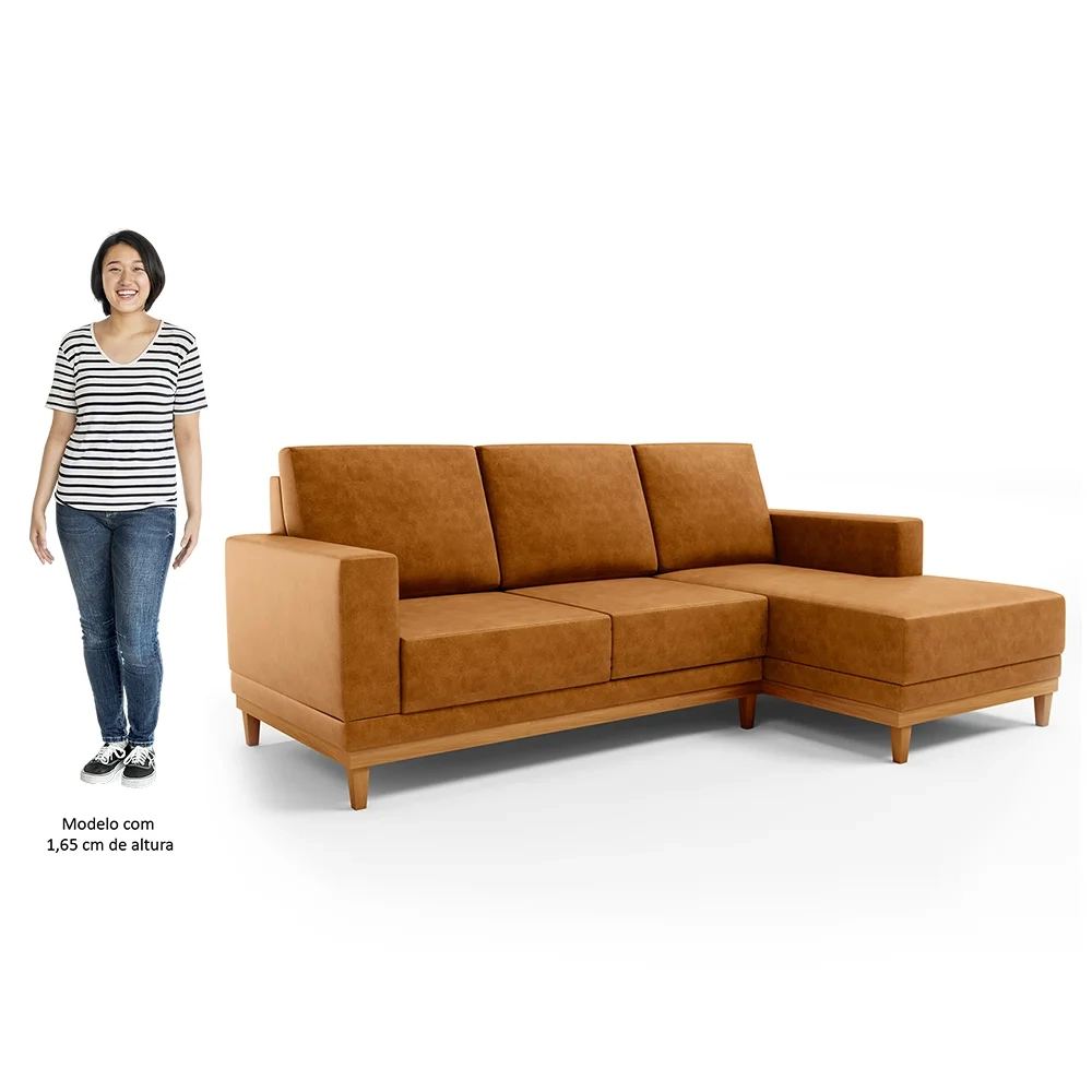Sofá 3 Lugares 200cm Living Com Chaise Direito Kayrós D05 Sintético Whisky - Mpozenato