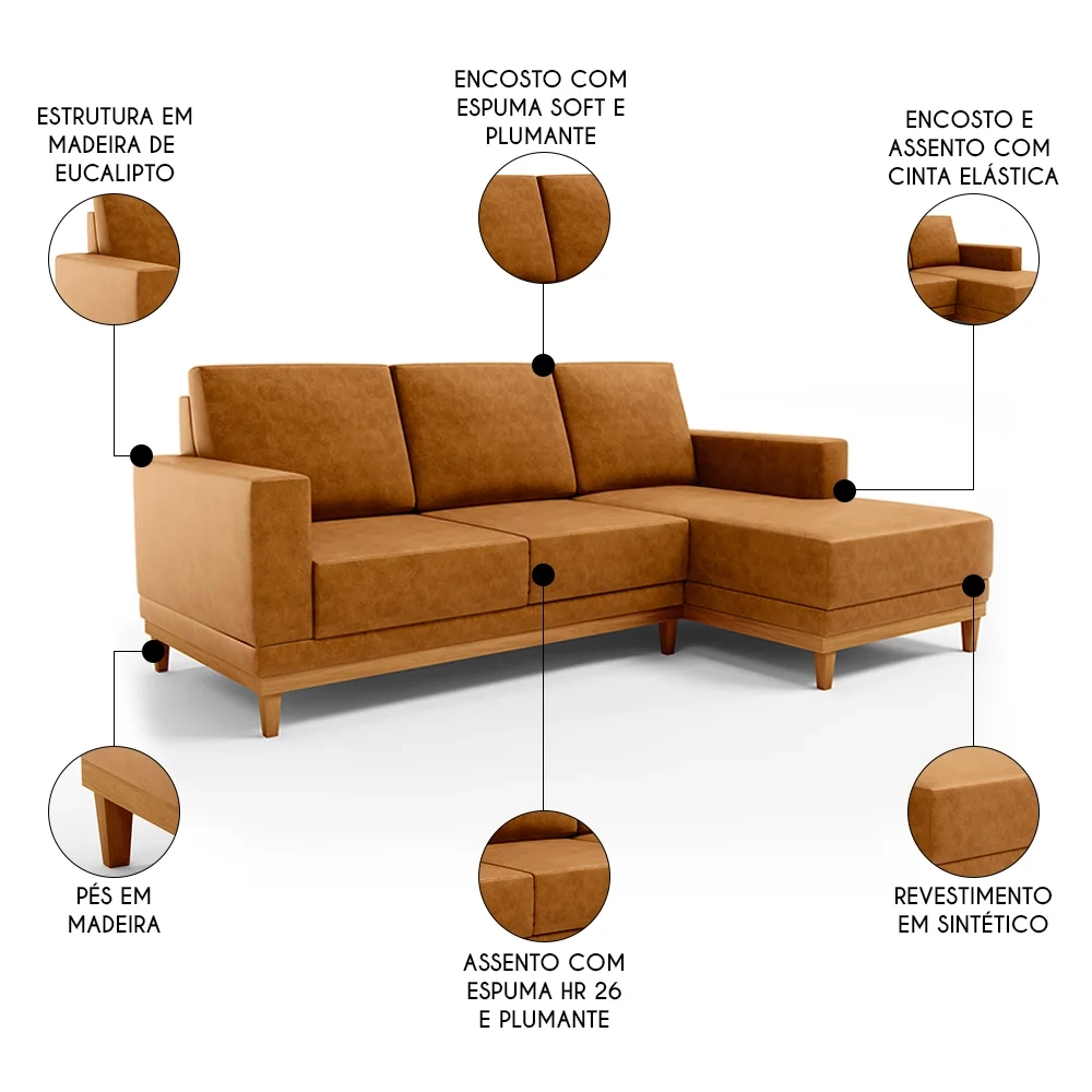 Sofá 3 Lugares 200cm Living Com Chaise Direito Kayrós D05 Sintético Whisky - Mpozenato