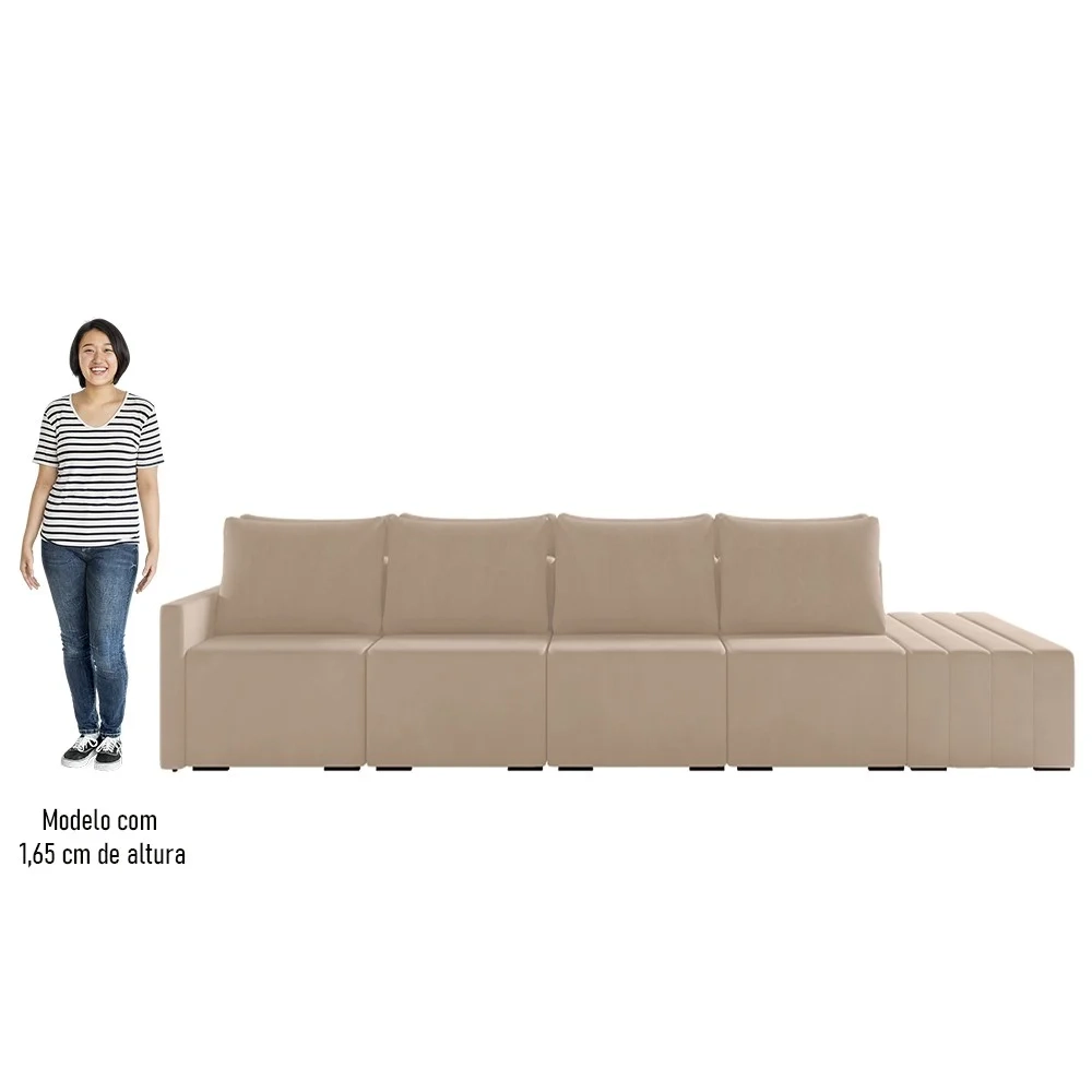 Sofá Ilha Modular com Puff para Sala Living 392cm Georgia Z08 Veludo Bege - Mpozenato