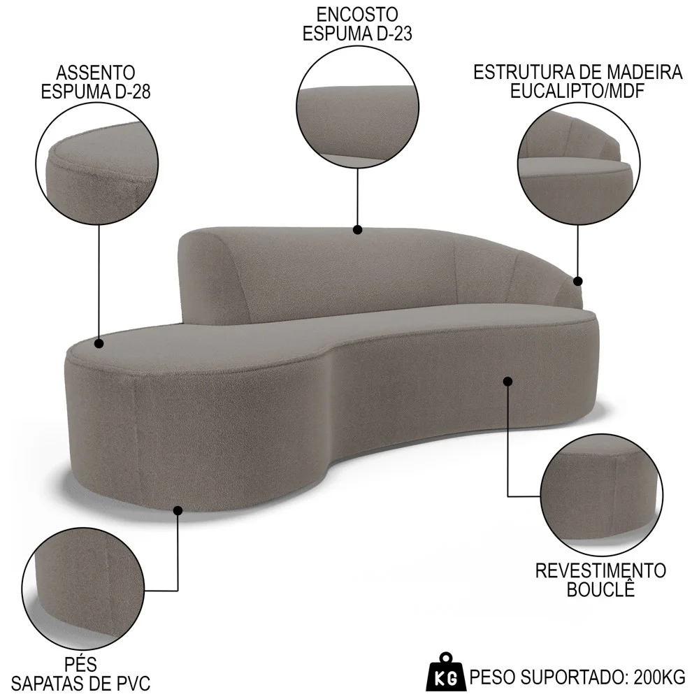 Sofá Living 2 Lugares 180cm Braço Direito Mozart D06 Boucle Bege Escuro - Mpozenato
