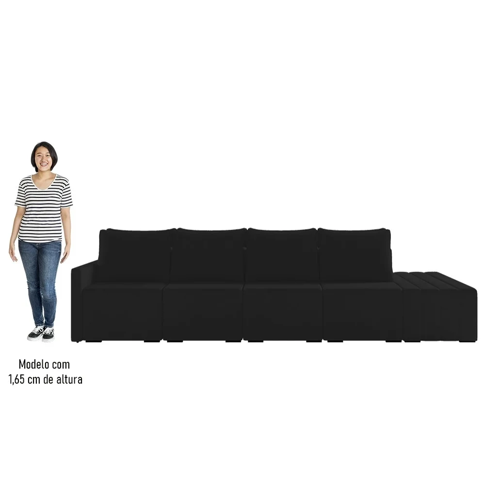 Sofá Ilha Modular com Puff para Sala Living 392cm Georgia Z08 Veludo Preto - Mpozenato