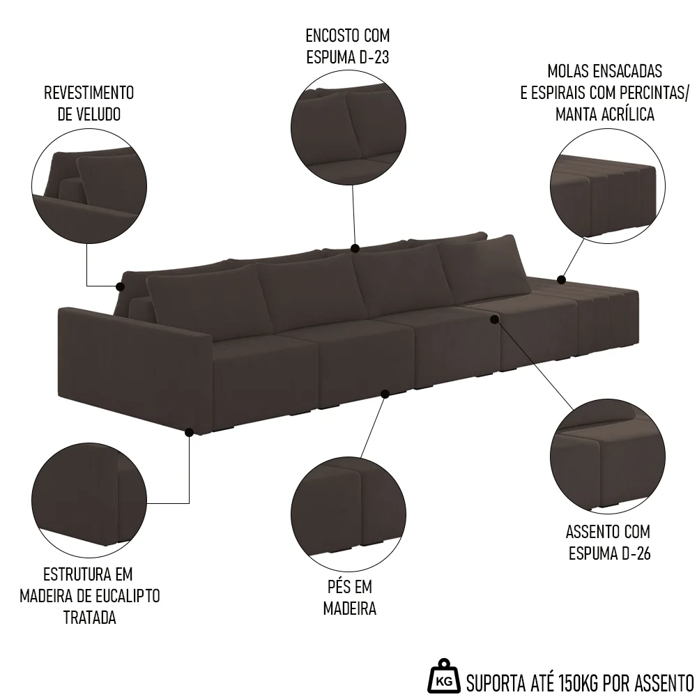 Sofá Ilha Modular com Puff para Sala Living 392cm Georgia Z08 Veludo Marrom - Mpozenato