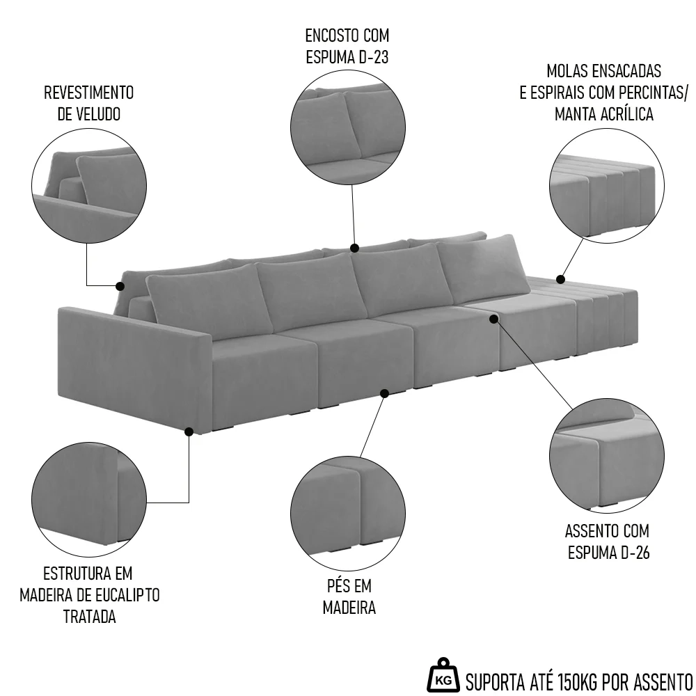 Sofá Ilha Modular com Puff para Sala Living 392cm Georgia Z08 Veludo Cinza - Mpozenato