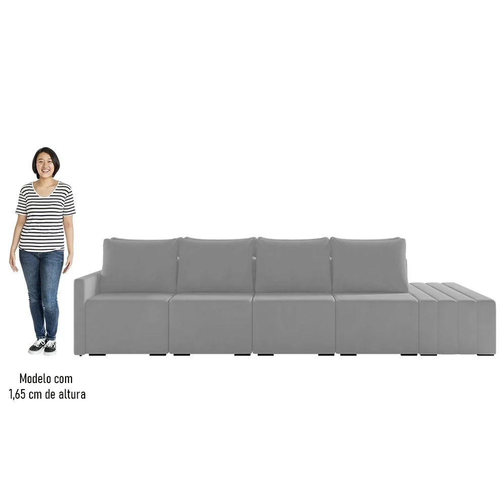 Sofá Ilha Modular com Puff para Sala Living 392cm Georgia Z08 Veludo Cinza - Mpozenato