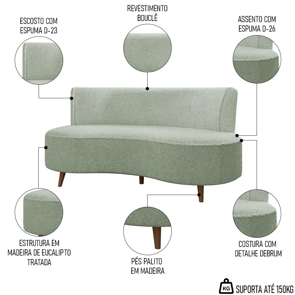 Sofá 2 Lugares para Sala Living 135cm Pés Palito Korah Z08 Boucle Verde Água - Mpozenato