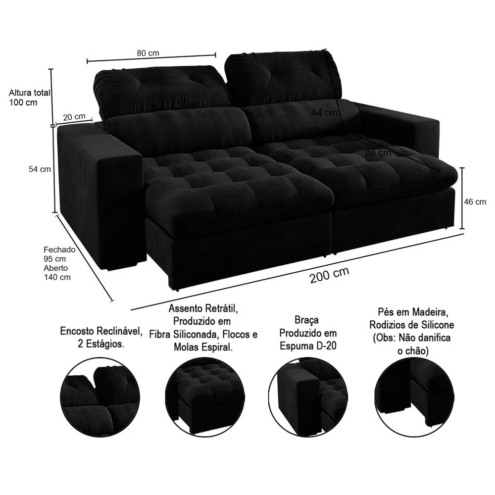 Sofá Retrátil e Reclinável 3 Lugares 200cm Viena A12 Suede Preto - Mpozenato