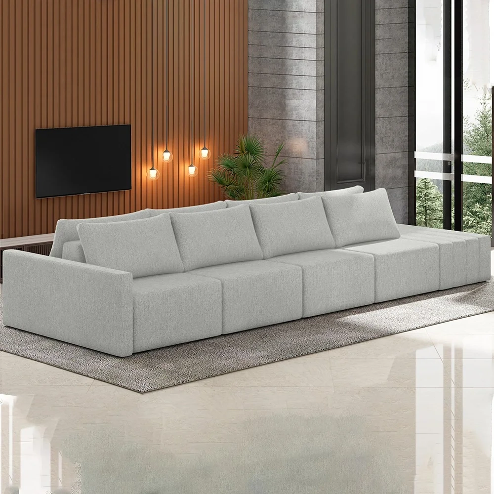Sofá Ilha Modular com Puff para Sala Living 432cm Georgia Z08 Linho Cinza - Mpozenato