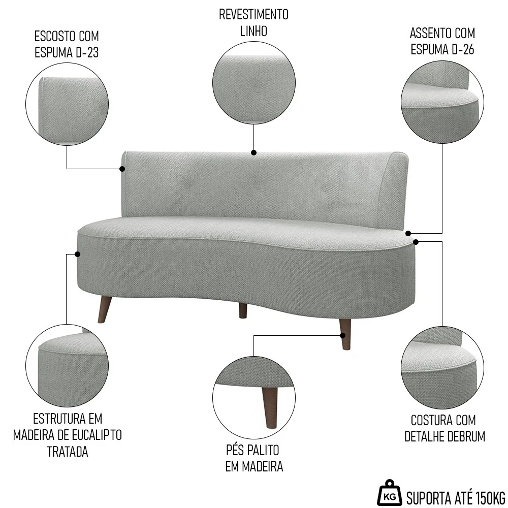 Sofá 2 Lugares para Sala Living 135cm Pés Palito Korah Z08 Linho Cinza - Mpozenato