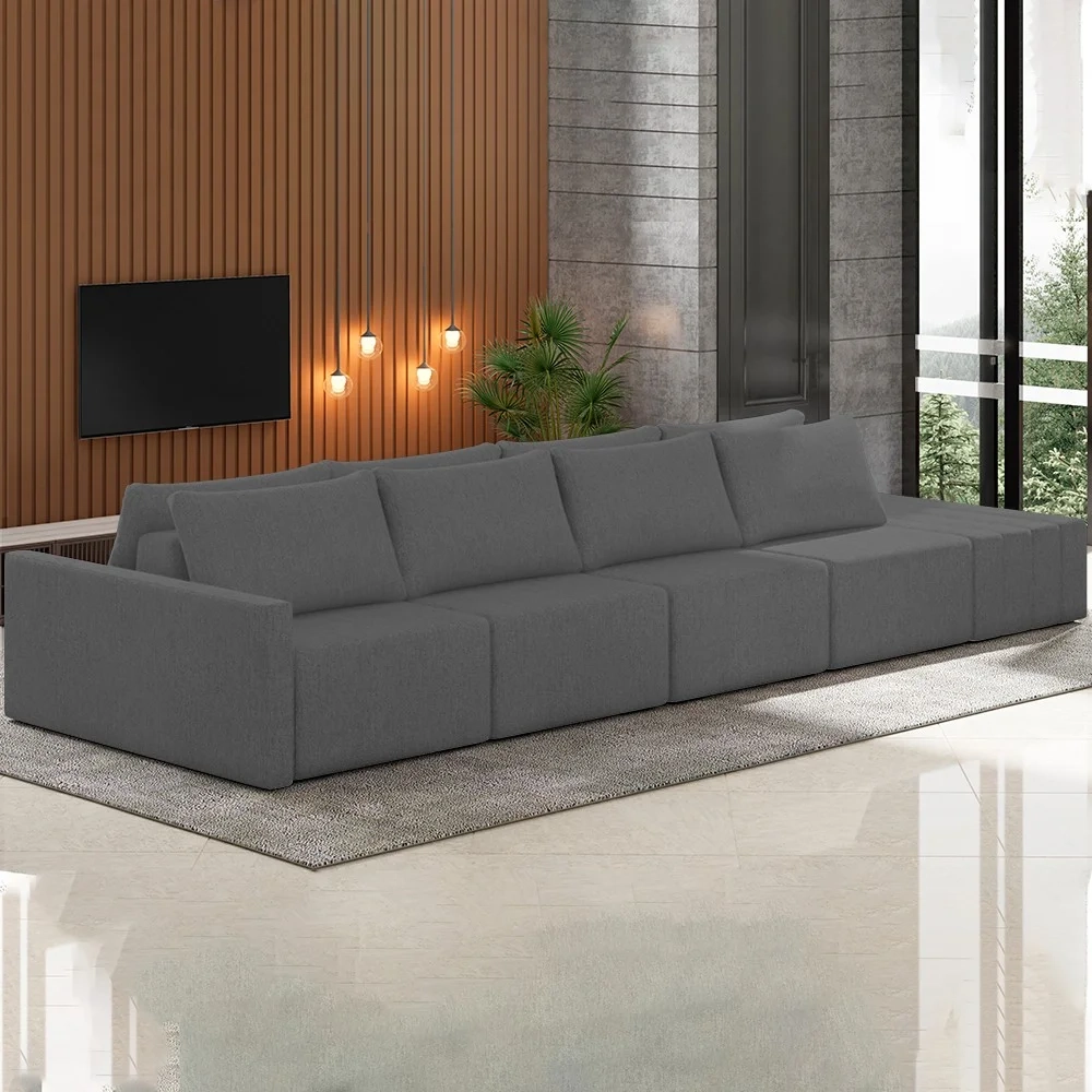 Sofá Ilha Modular com Puff para Sala Living 432cm Georgia Z08 Linho Cinza Escuro - Mpozenato