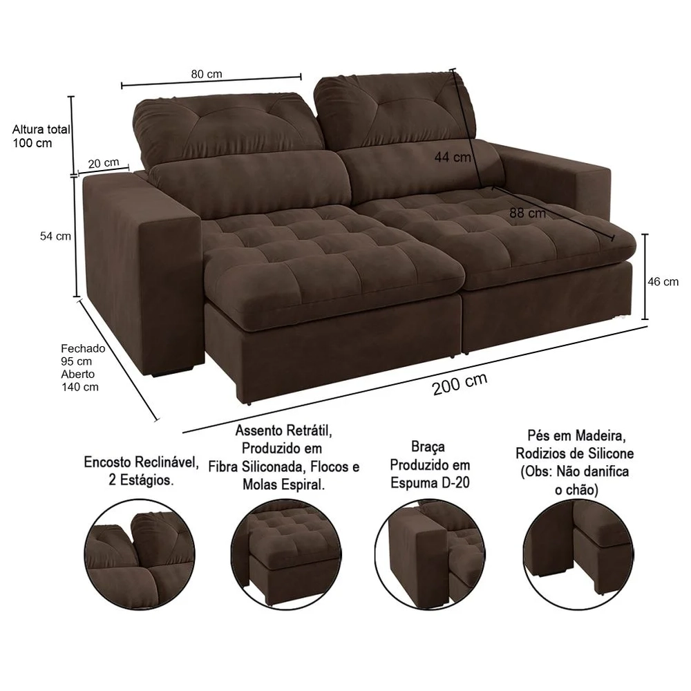 Sofá Retrátil e Reclinável 3 Lugares 200cm Viena A12 Suede Marrom - Mpozenato