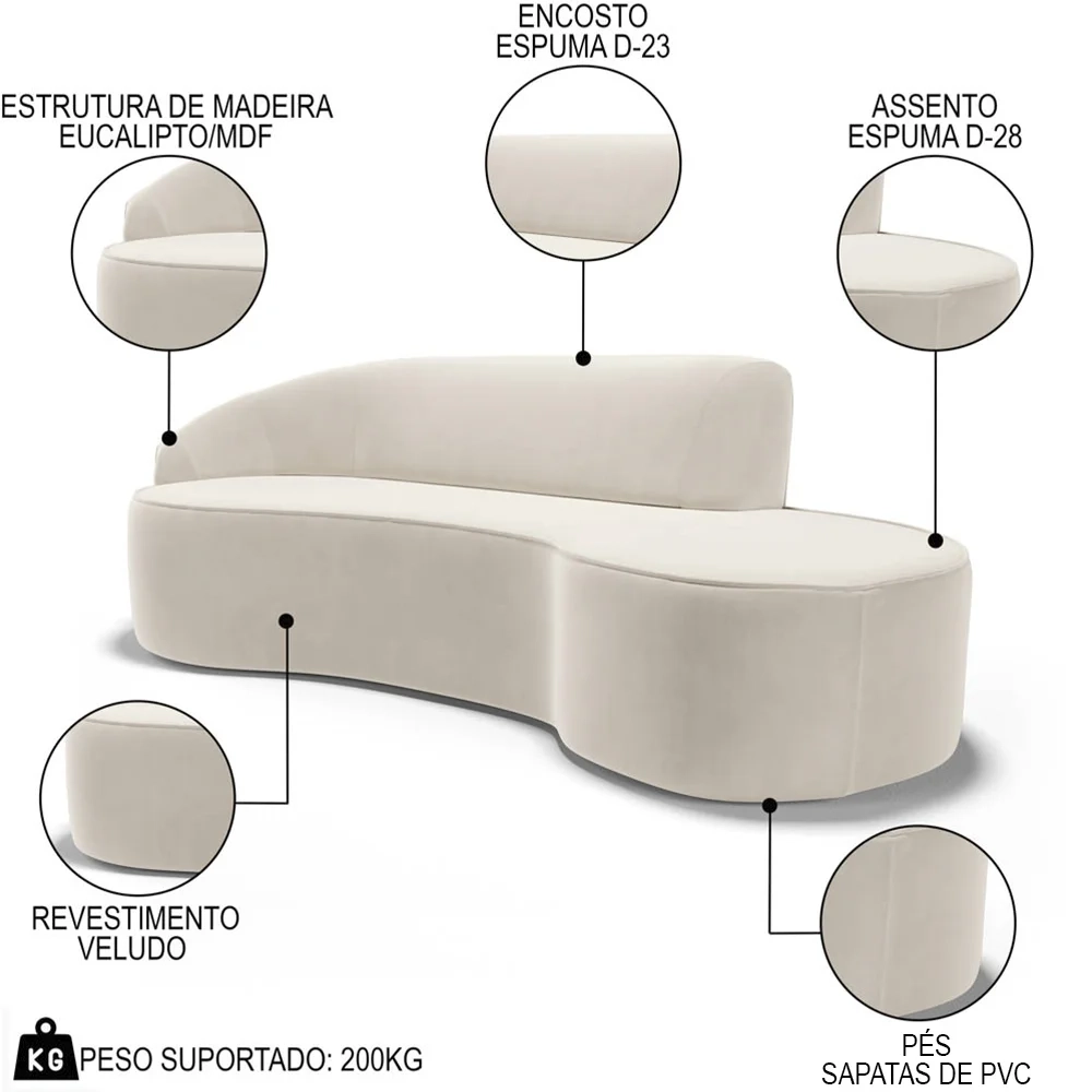 Sofá Living 2 Lugares 180cm Braço Esquerdo Mozart D06 Veludo Bege - Mpozenato