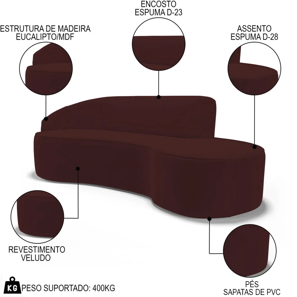 Sofá Living 4 Lugares 300cm Braço Esquerdo Mozart D06 Veludo Vermelho - Mpozenato