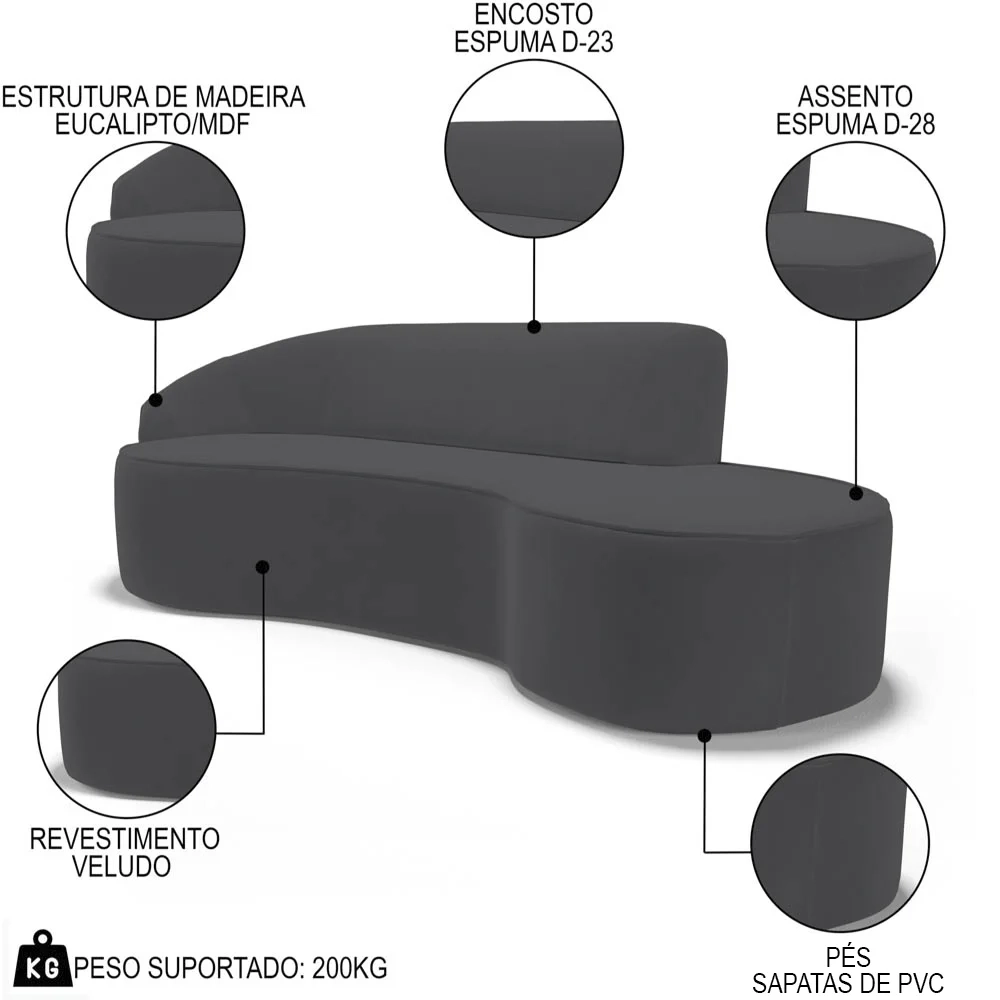 Sofá Living 2 Lugares 180cm Braço Esquerdo Mozart D06 Veludo Cinza - Mpozenato
