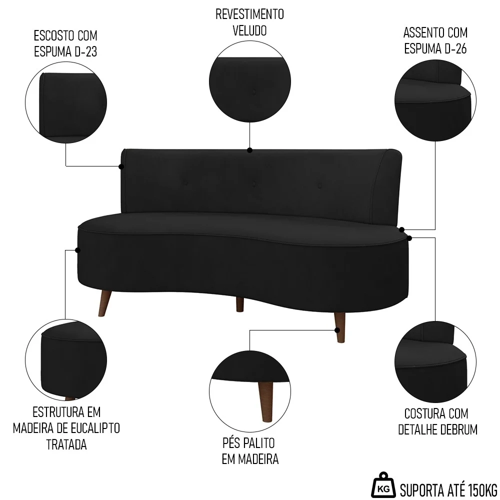 Sofá 2 Lugares para Sala Living 135cm Pés Palito Korah Z08 Veludo Preto - Mpozenato