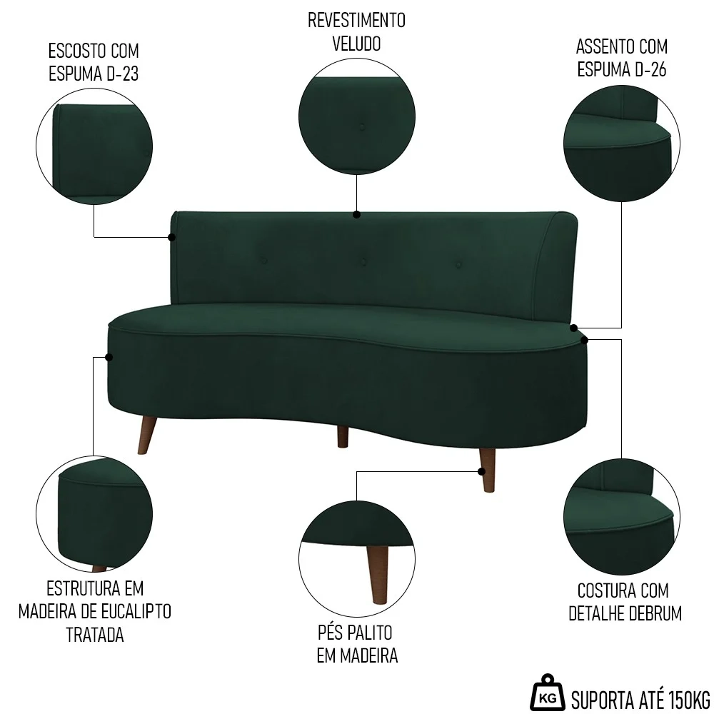 Sofá 2 Lugares para Sala Living 135cm Pés Palito Korah Z08 Veludo Verde - Mpozenato