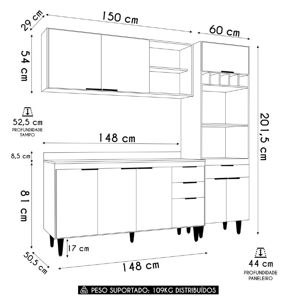 Armário de Cozinha Com Tampo CP02 210cm Pérola Branco Z34 - Mpozenato