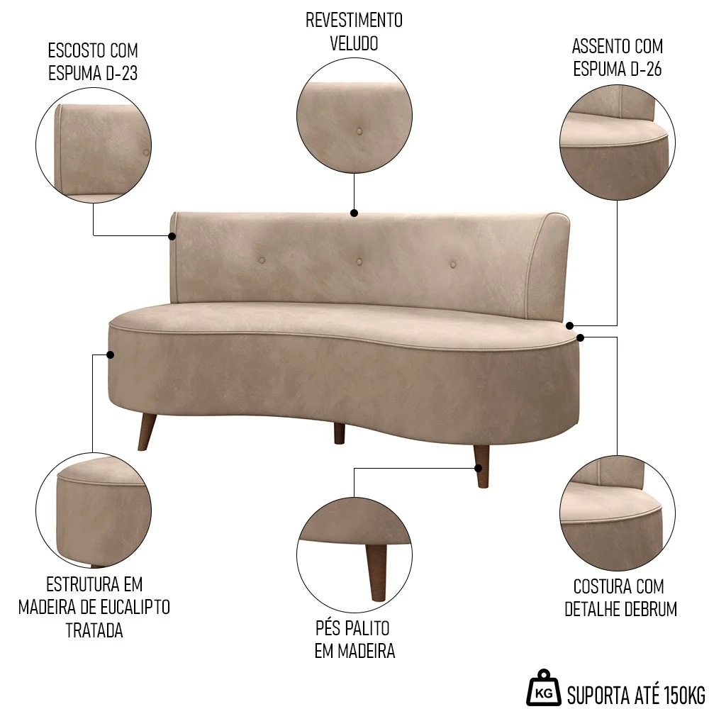 Sofá 2 Lugares para Sala Living 135cm Pés Palito Korah Z08 Veludo Bege - Mpozenato