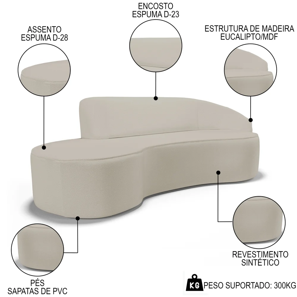 Sofá Living 3 Lugares 210cm Braço Direito Mozart D06 Sintético Bege - Mpozenato
