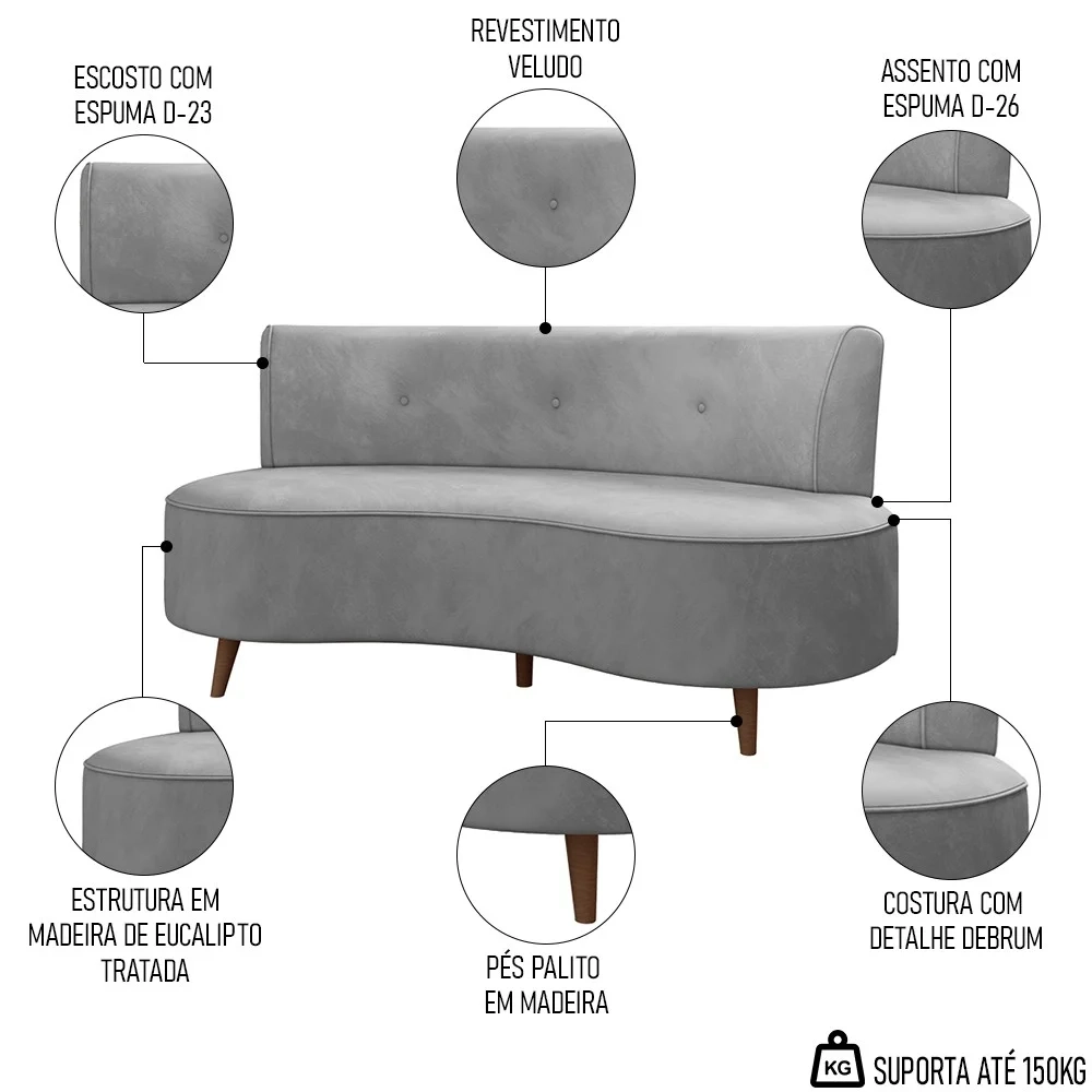 Sofá 2 Lugares para Sala Living 135cm Pés Palito Korah Z08 Veludo Cinza - Mpozenato