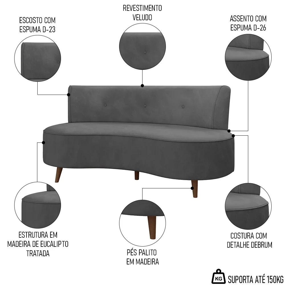 Sofá 2 Lugares para Sala Living 135cm Pés Palito Korah Z08 Veludo Cinza Escuro - Mpozenato