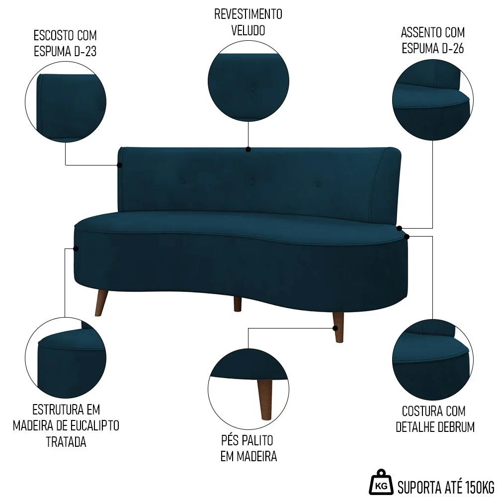 Sofá 2 Lugares para Sala Living 135cm Pés Palito Korah Z08 Veludo Azul - Mpozenato