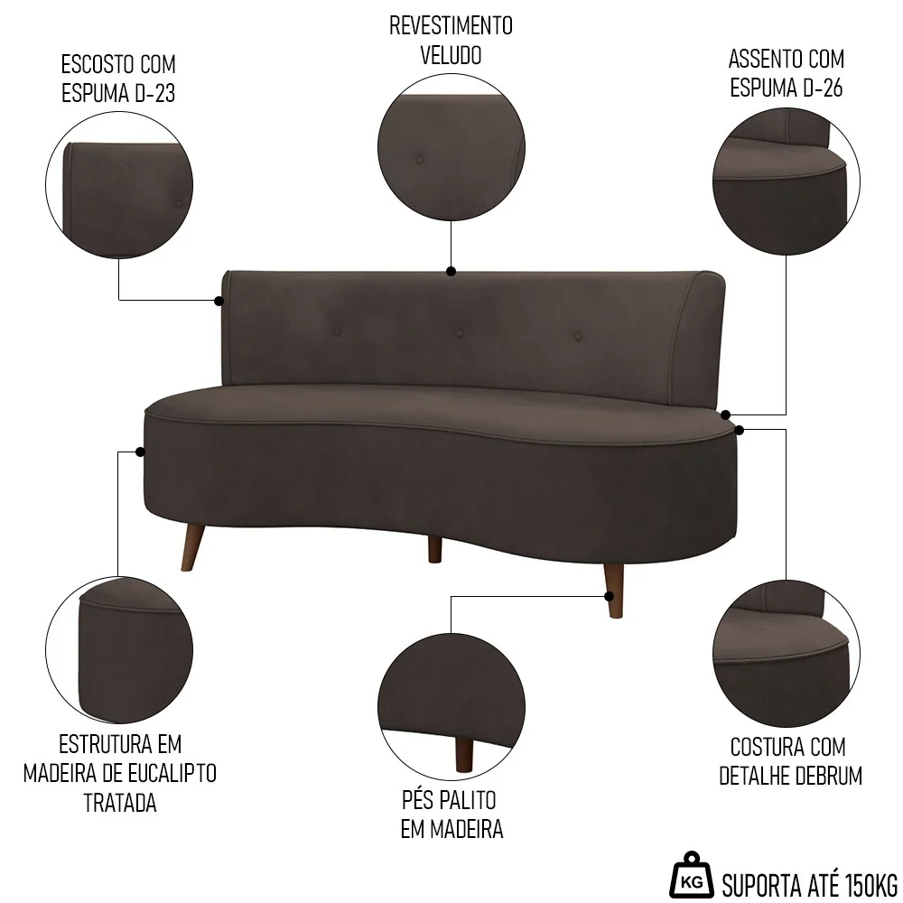 Sofá 2 Lugares para Sala Living 135cm Pés Palito Korah Z08 Veludo Marrom - Mpozenato
