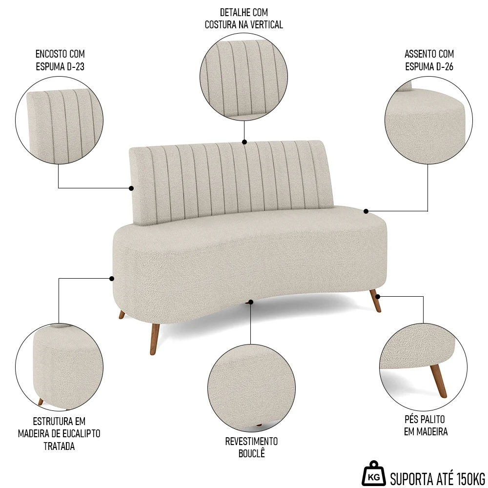 Sofá 2 Lugares para Sala Living 135cm Pés Palito Tamar Z08 Boucle Bege - Mpozenato