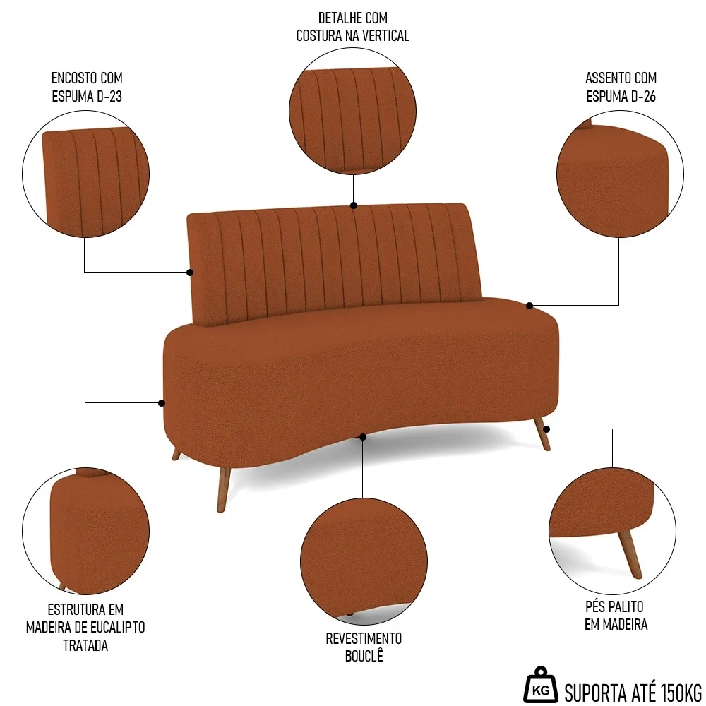 Sofá 2 Lugares para Sala Living 135cm Pés Palito Tamar Z08 Boucle Terracota - Mpozenato