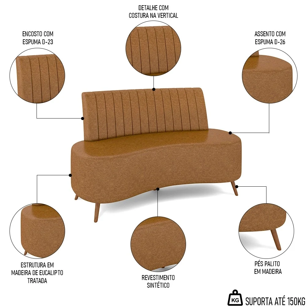 Sofá 2 Lugares para Sala Living 135cm Pés Palito Tamar Z08 Sintético Caramelo - Mpozenato