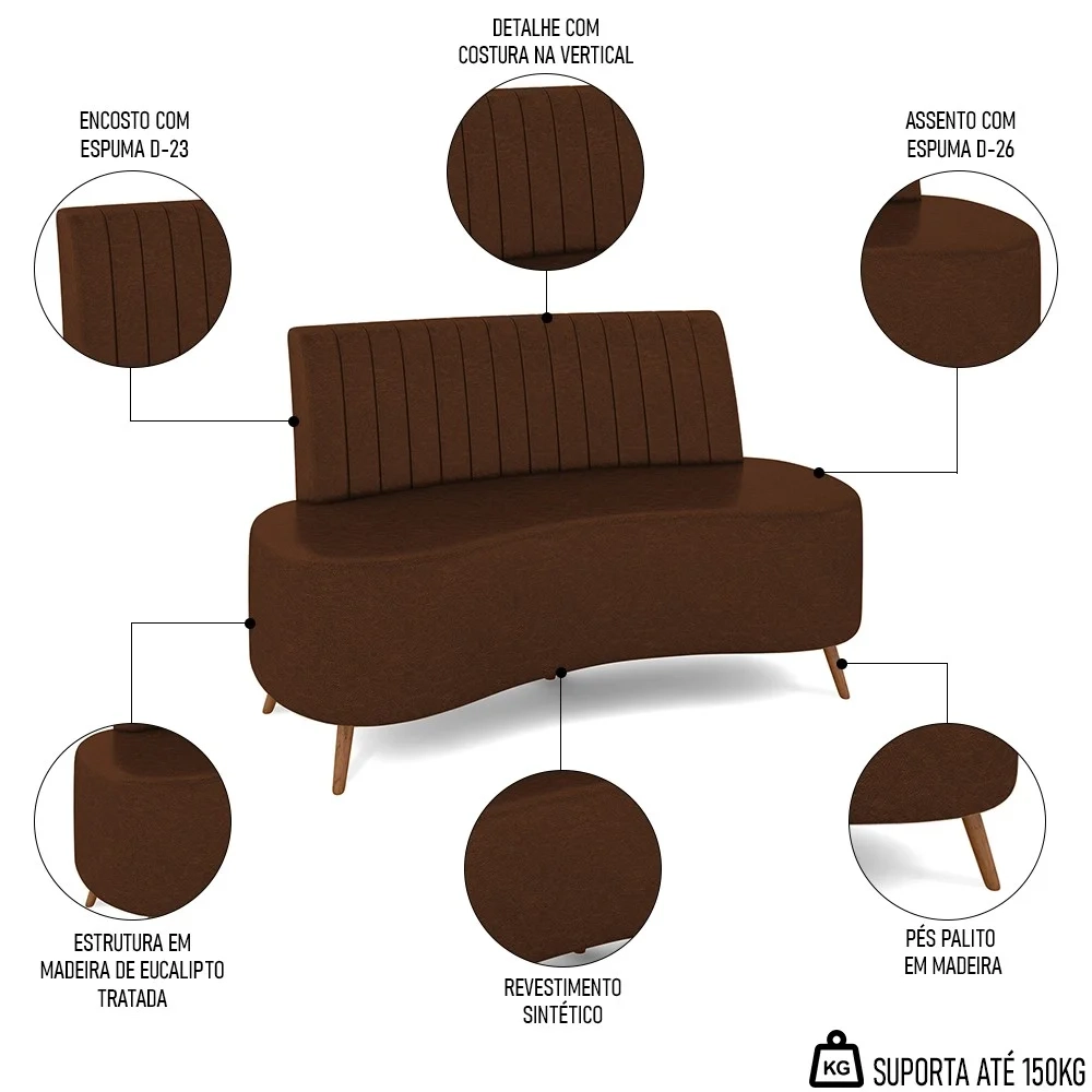 Sofá 2 Lugares para Sala Living 135cm Pés Palito Tamar Z08 Sintético Marrom - Mpozenato