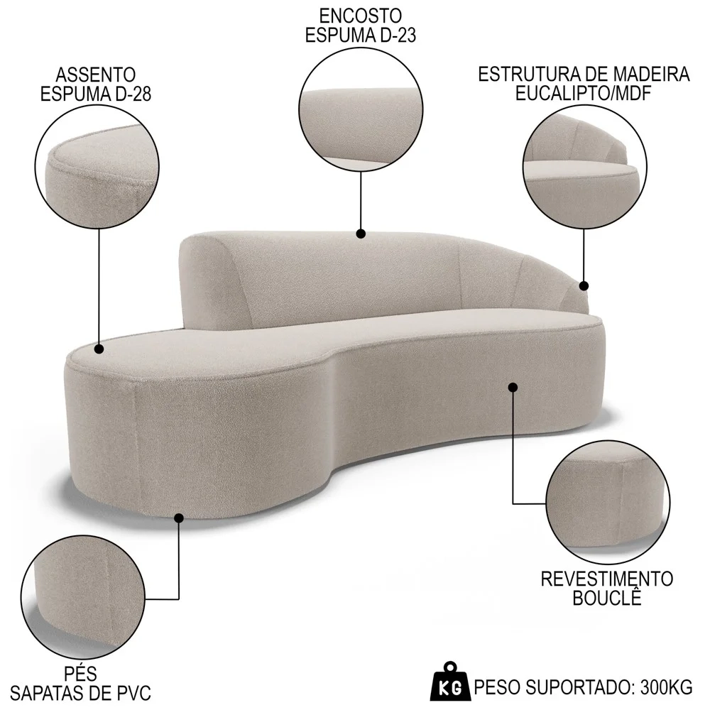Sofá Living 3 Lugares 230cm Braço Direito Mozart D06 Boucle Bege - Mpozenato