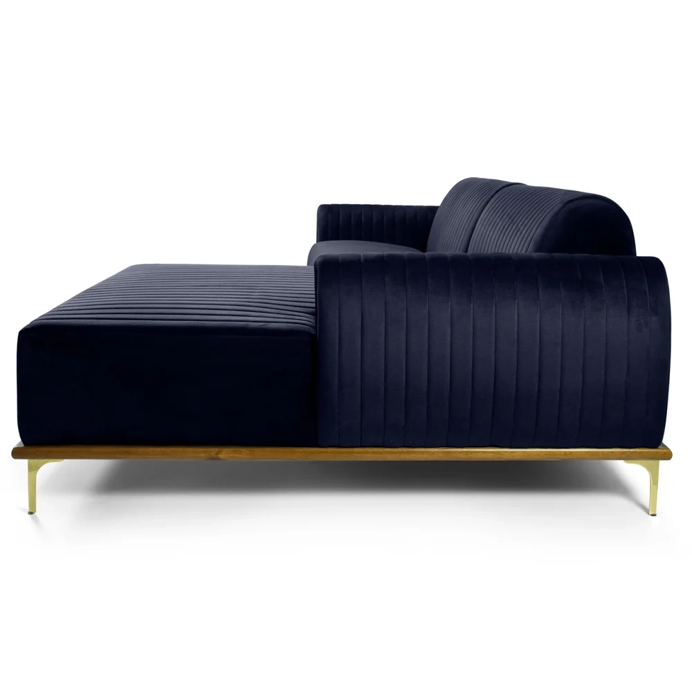 Sofá 245cm 4 Lugares com Chaise Direito Pés Gold Molino C-287 Veludo Marinho - Domi