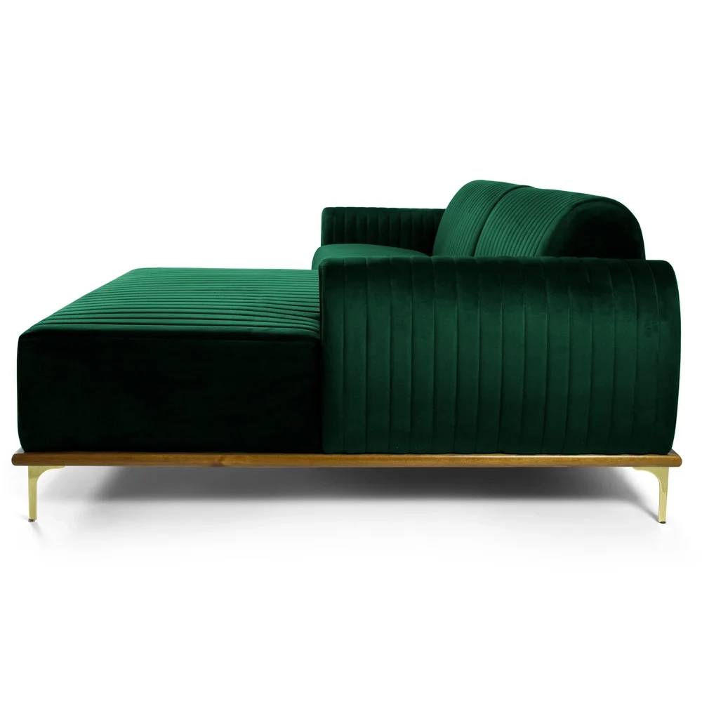 Sofá 245cm 4 Lugares com Chaise Direito Pés Gold Molino C-303 Veludo Verde Musgo - Domi