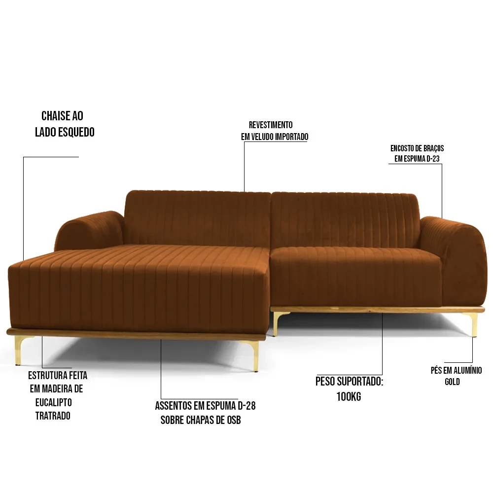 Sofá 245cm 4 Lugares com Chaise Esquerdo Pés Gold Molino C-262 Veludo Telha - Domi