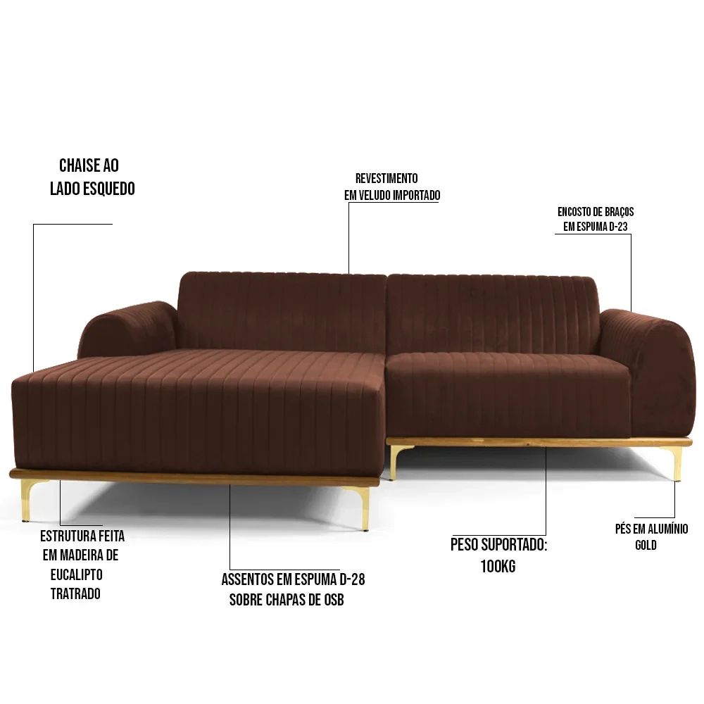 Sofá 245cm 4 Lugares com Chaise Esquerdo Pés Gold Molino C-276 Veludo Terra - Domi