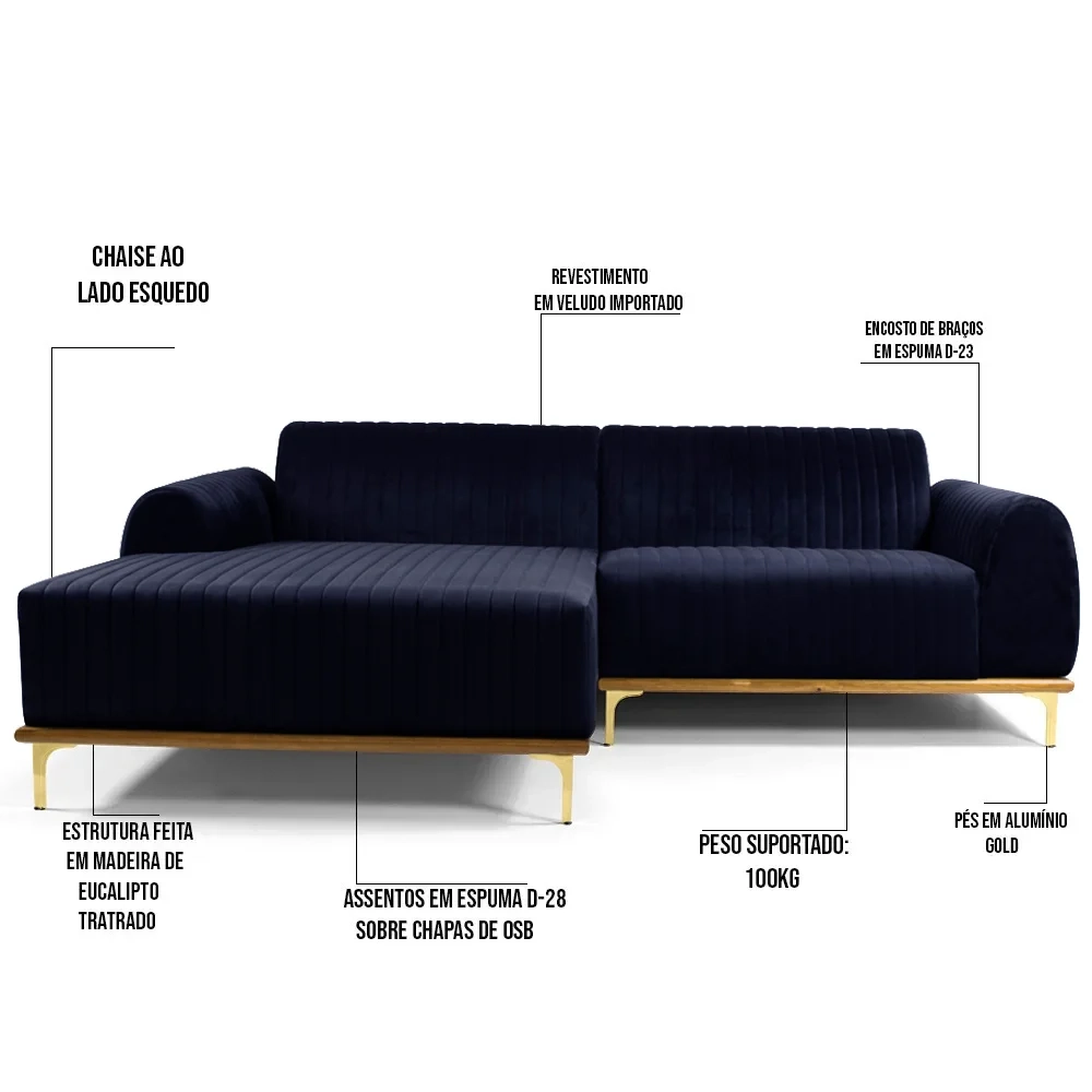 Sofá 245cm 4 Lugares com Chaise Esquerdo Pés Gold Molino C-287 Veludo Marinho - Domi