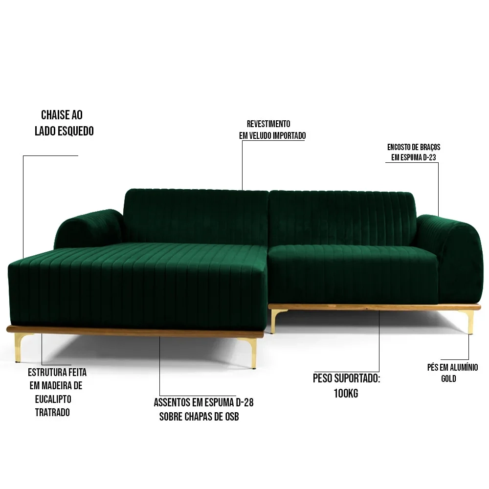 Sofá 245cm 4 Lugares com Chaise Esquerdo Pés Gold Molino C-303 Veludo Verde Musgo - Domi