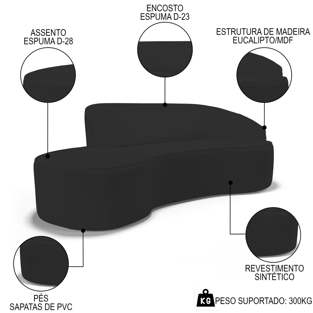 Sofá Living 3 Lugares 230cm Braço Direito Mozart D06 Sintético Preto - Mpozenato